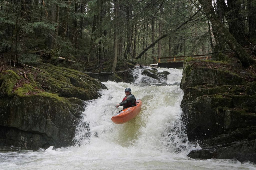 Mike Mainer boofs the Swimming Hole Rapid Flint Brook Vermont Whitewater Kayaking