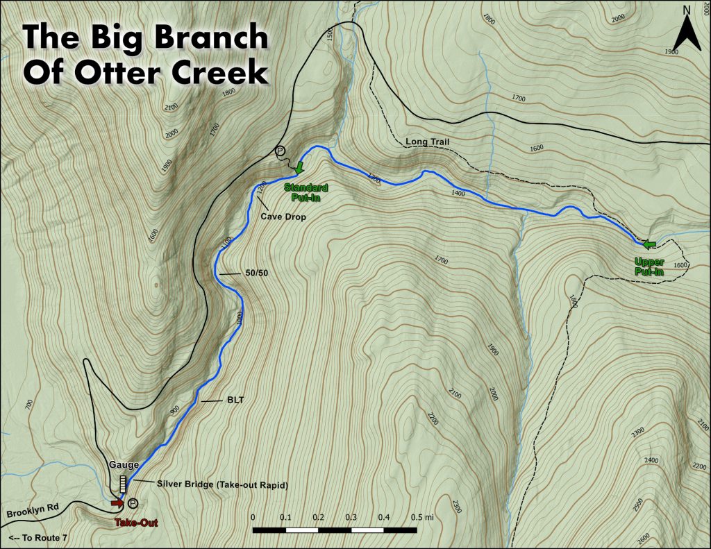 Map of falls and rapids on the Big Branch of Otter Creek Vermont Whitewater Kayaking