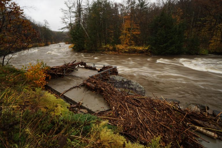 Fishing platform at high water on the New Haven River Vermont Whitewater Kayaking